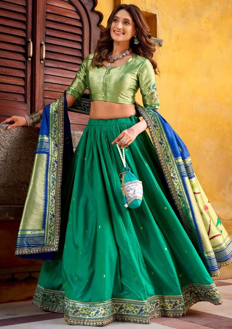 Green Silk Blend Lehenga Set with Sequins for Diwali | Wedding & Festive Wear - Indya