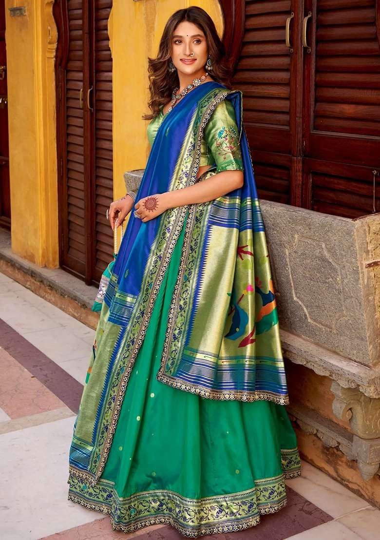 Green Silk Blend Lehenga Set with Sequins for Diwali | Wedding & Festive Wear - Indya