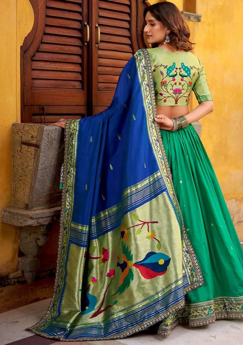 Green Silk Blend Lehenga Set with Sequins for Diwali | Wedding & Festive Wear - Indya