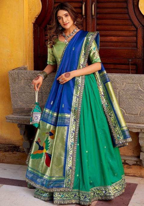 Green Sequins Silk Lehenga Set — view on Indya