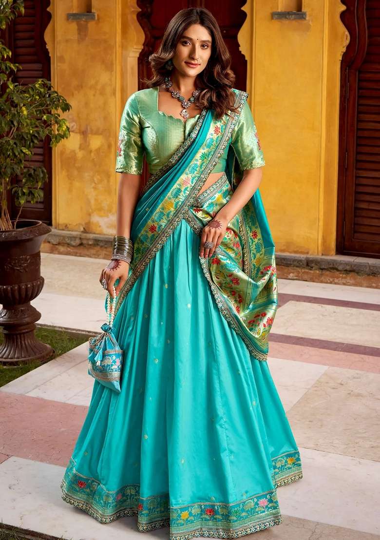 Blue Sequins Silk Blend Lehenga Set for Diwali and Festive Wear - Indya