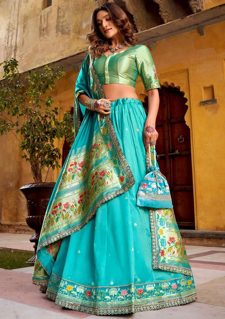 Blue Sequins Silk Blend Lehenga Set for Diwali and Festive Wear - Indya