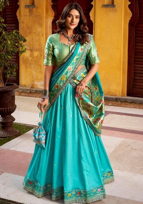 Blue Sequins Silk Lehenga Set — view on Indya