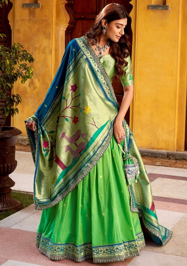 Green Silk Blend Lehenga Set with Sequins for Diwali | Wedding & Festive Wear - Indya