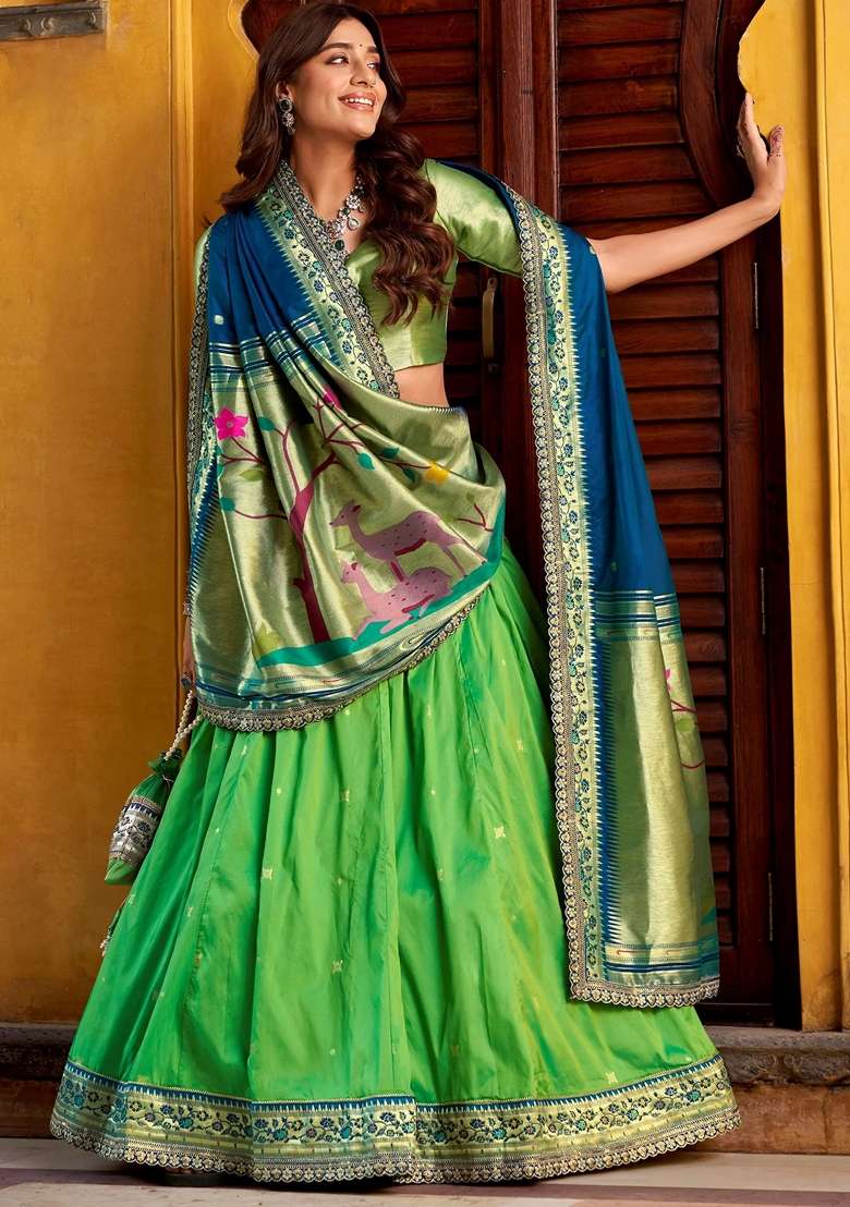 Green Silk Blend Lehenga Set with Sequins for Diwali | Wedding & Festive Wear - Indya