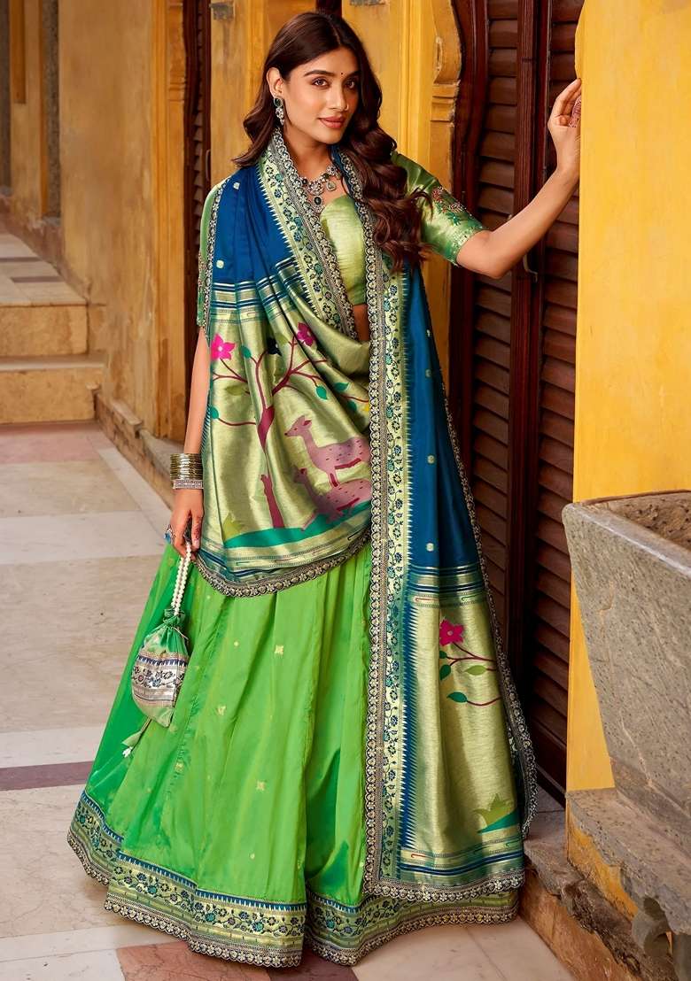 Green Silk Blend Lehenga Set with Sequins for Diwali | Wedding & Festive Wear - Indya