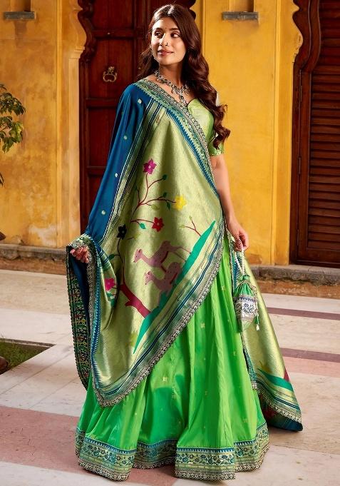 Green Sequins Silk Lehenga Set — view on Indya