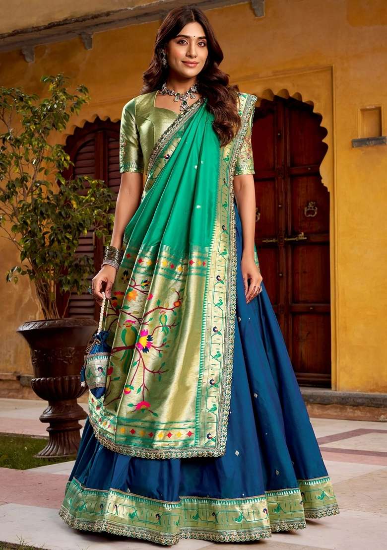 Blue Silk Blend Lehenga Set with Sequins for Diwali | Wedding & Festive Wear - Indya