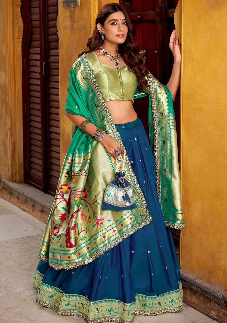 Blue Silk Blend Lehenga Set with Sequins for Diwali | Wedding & Festive Wear - Indya