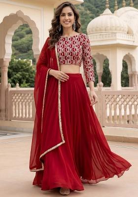 Red Embroidery Georgette Lehenga Set