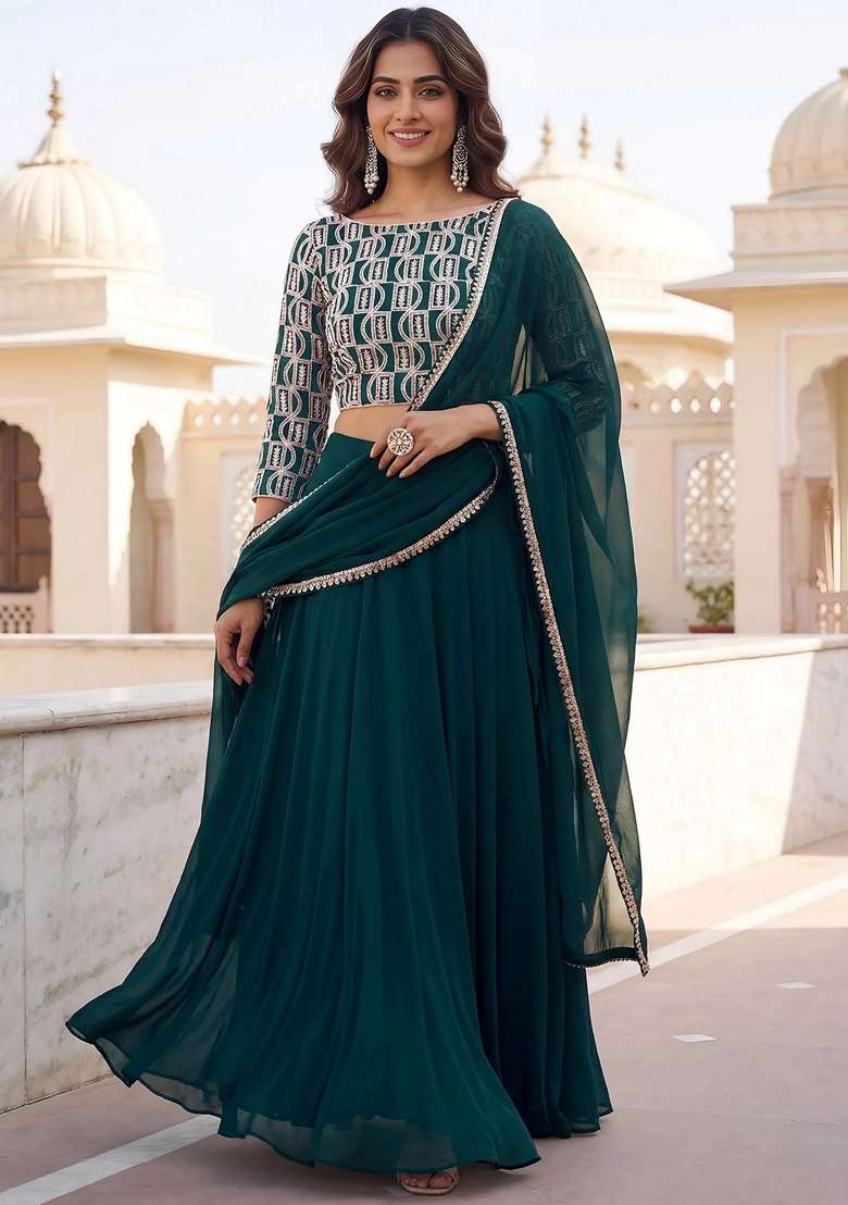 Green Georgette Lehenga Set with Embroidery for Diwali | Wedding & Festive Wear - Indya