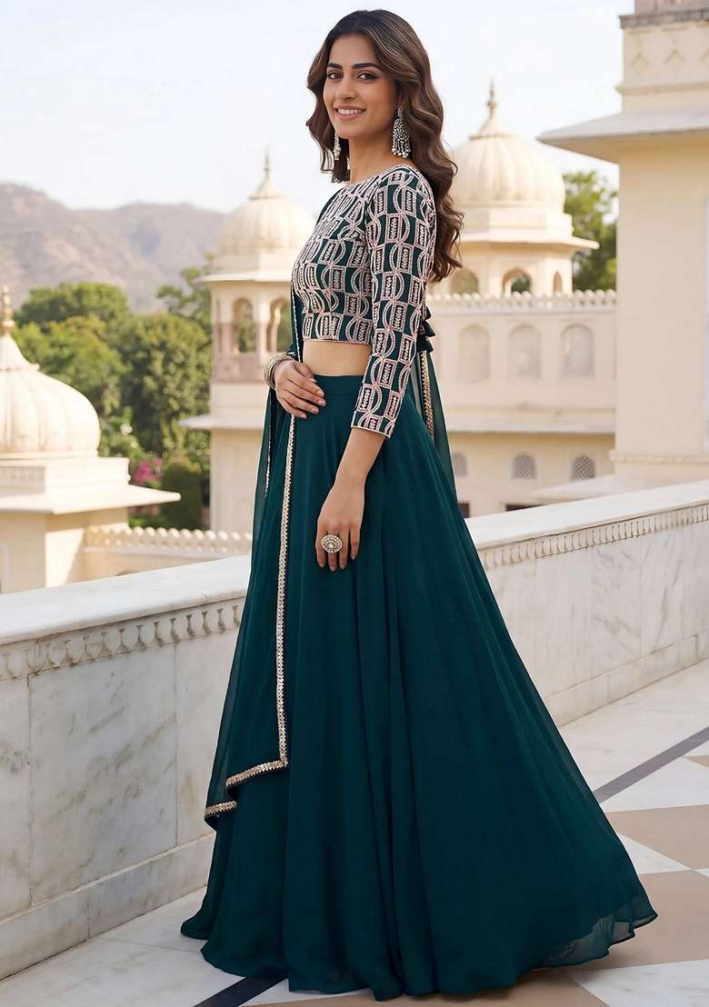 Green Georgette Lehenga Set with Embroidery for Diwali | Wedding & Festive Wear - Indya