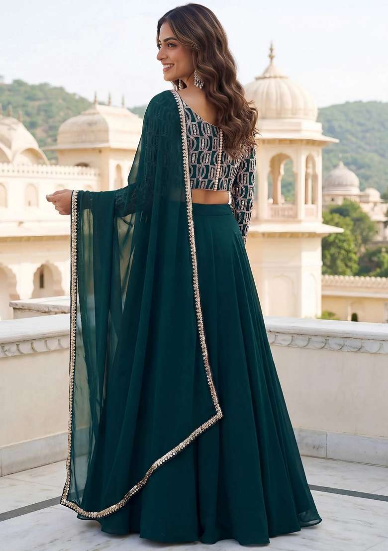 Green Georgette Lehenga Set with Embroidery for Diwali | Wedding & Festive Wear - Indya
