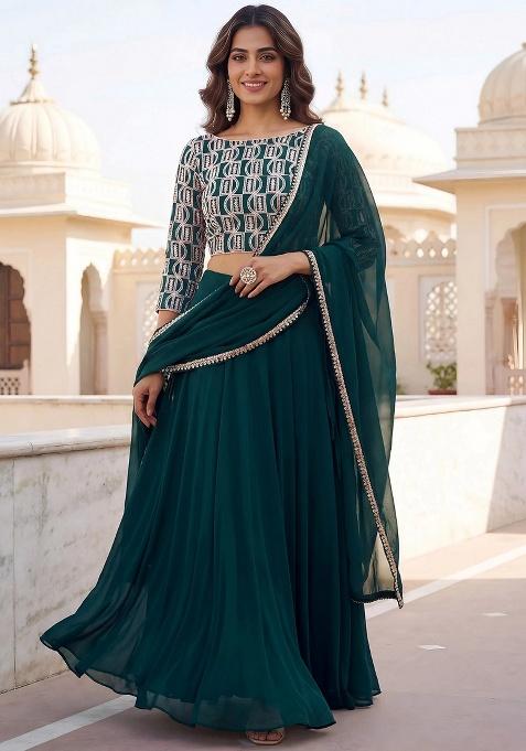 Green Embroidery Georgette Lehenga Set