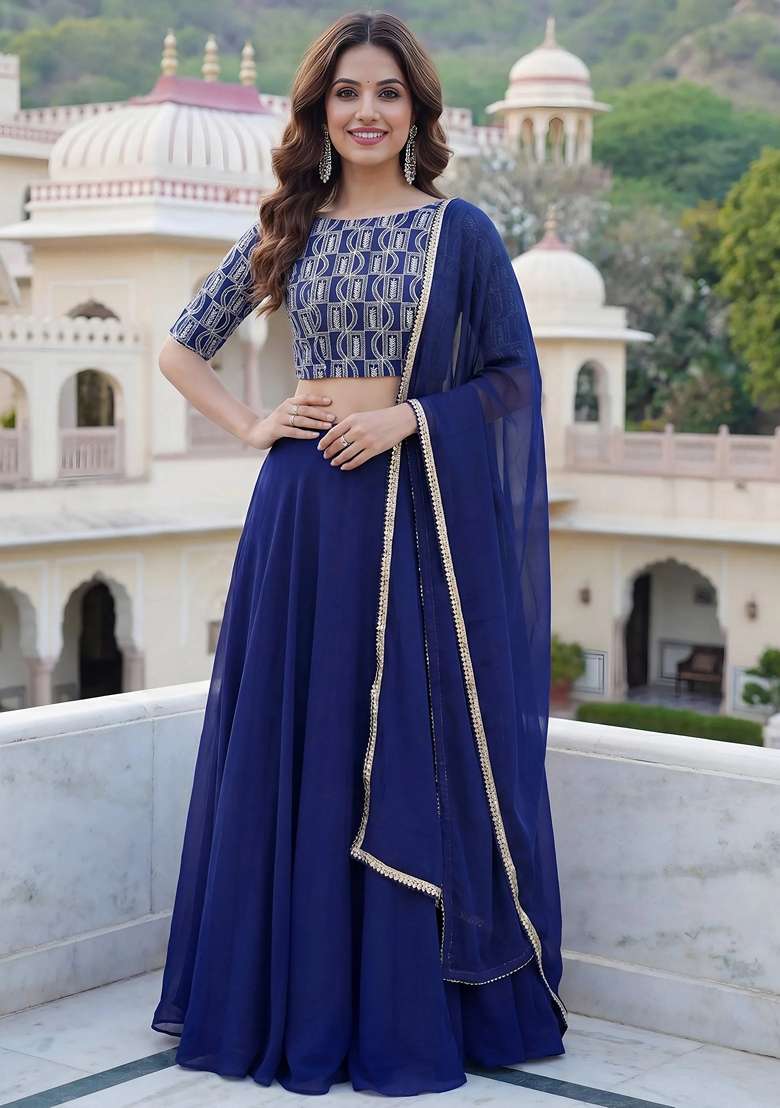 Blue Embroidery Georgette Lehenga Set for Diwali and Festive Wear - Indya
