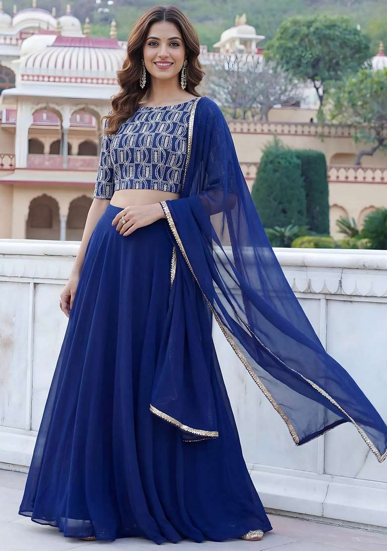 Blue Embroidery Georgette Lehenga Set for Diwali and Festive Wear - Indya