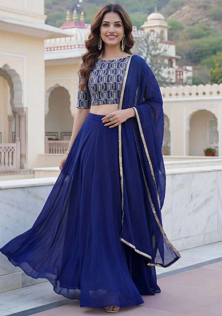 Blue Embroidery Georgette Lehenga Set for Diwali and Festive Wear - Indya