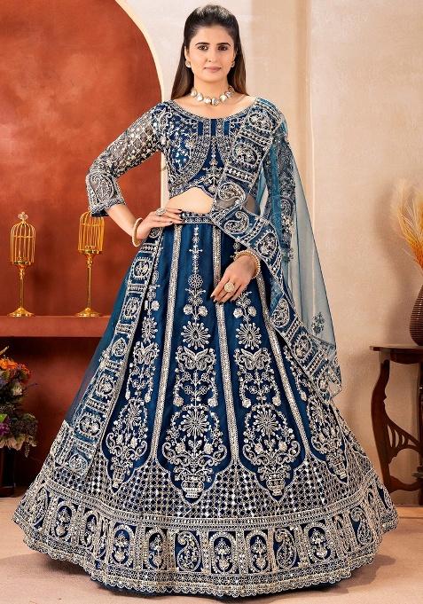 Blue Sequins Net Lehenga Set — view on Indya