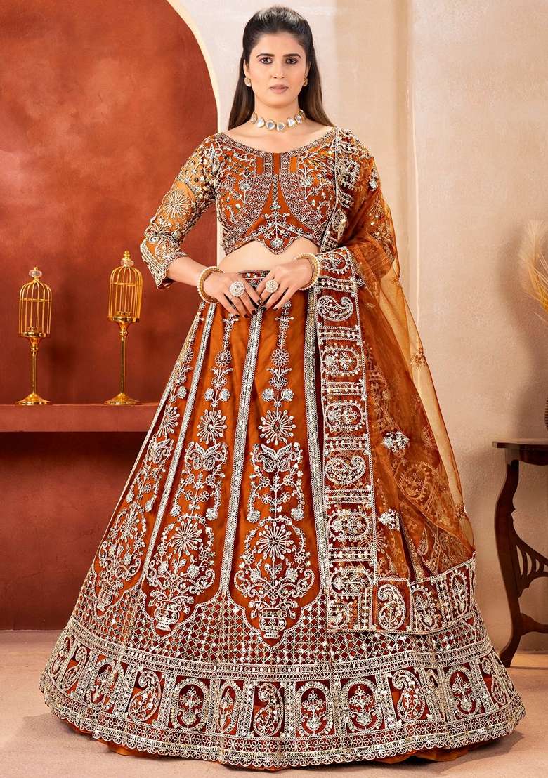 Orange Sequins Net Lehenga Set for Diwali and Festive Wear - Indya
