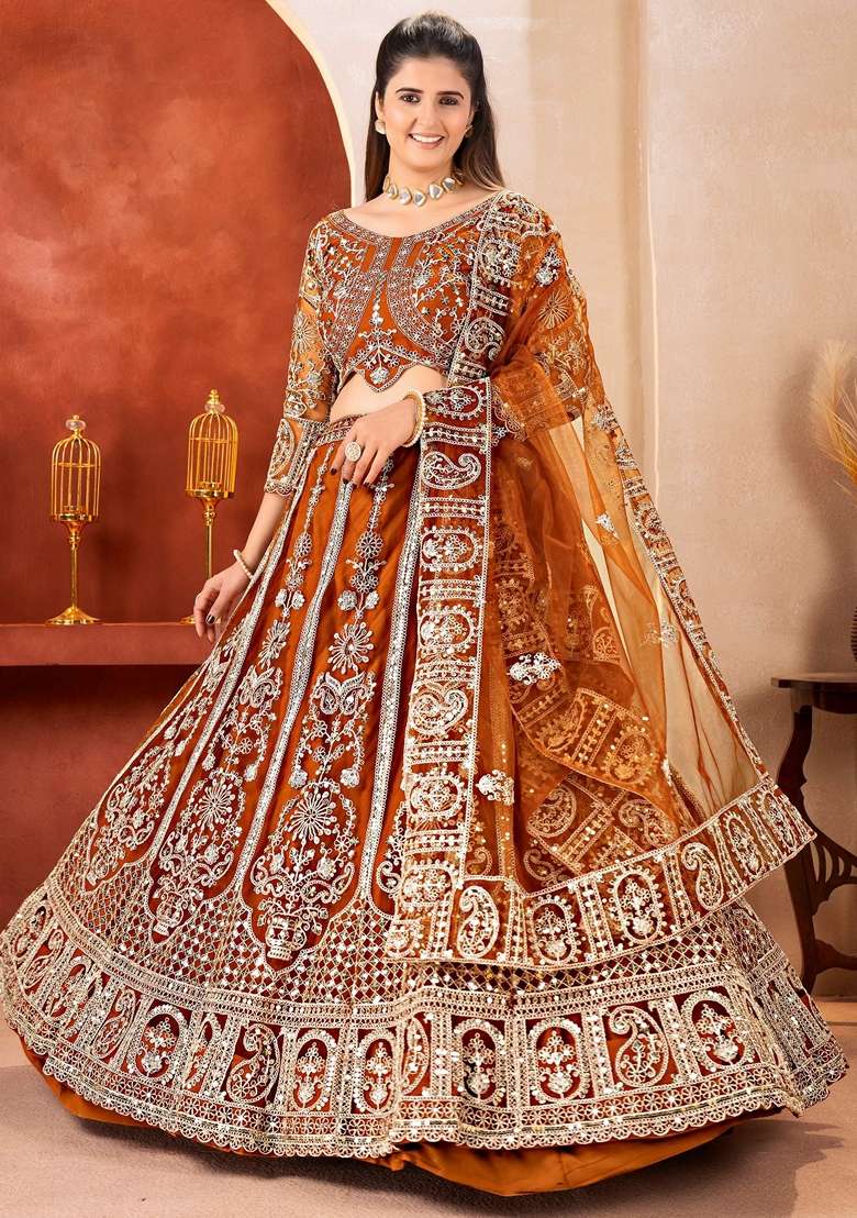Orange Sequins Net Lehenga Set for Diwali and Festive Wear - Indya