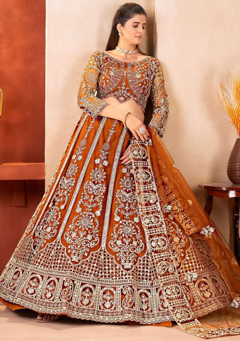 Orange Sequins Net Lehenga Set for Diwali and Festive Wear - Indya