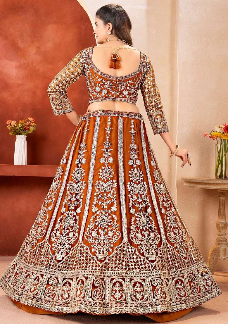 Orange Sequins Net Lehenga Set for Diwali and Festive Wear - Indya