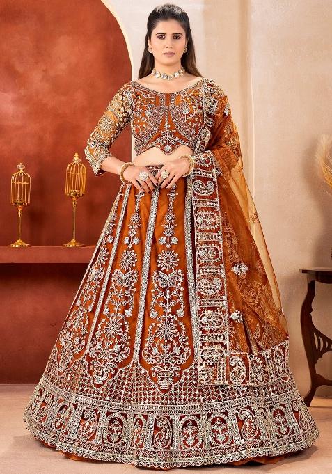 Orange Sequins Net Lehenga Set — view on Indya