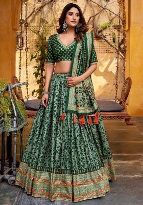 Green Printed Silk Lehenga Set