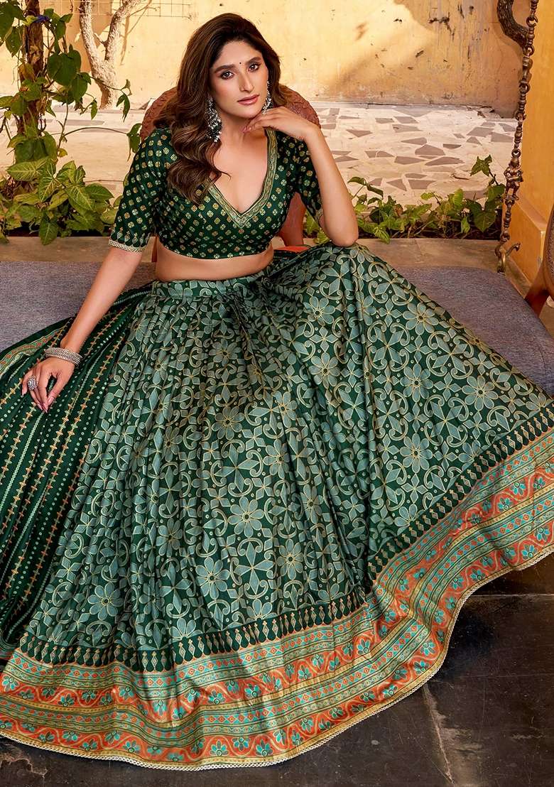 Green Silk Blend Lehenga Set with Printed for Diwali | Wedding & Festive Wear - Indya