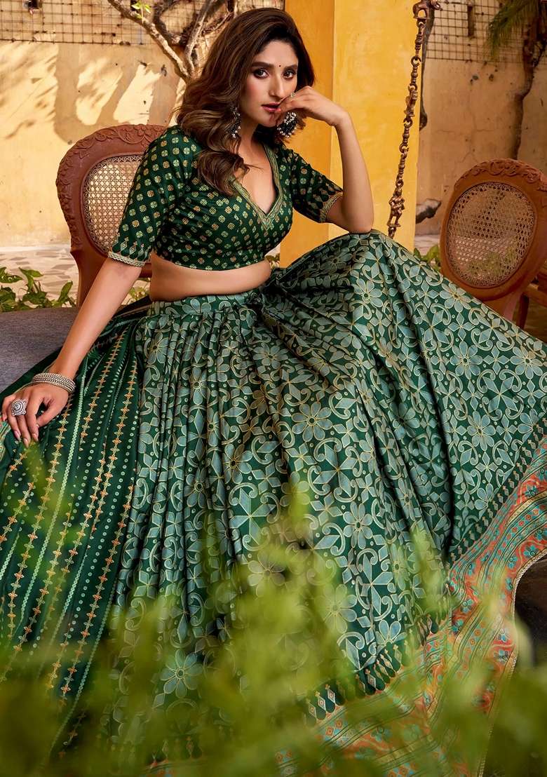 Green Silk Blend Lehenga Set with Printed for Diwali | Wedding & Festive Wear - Indya