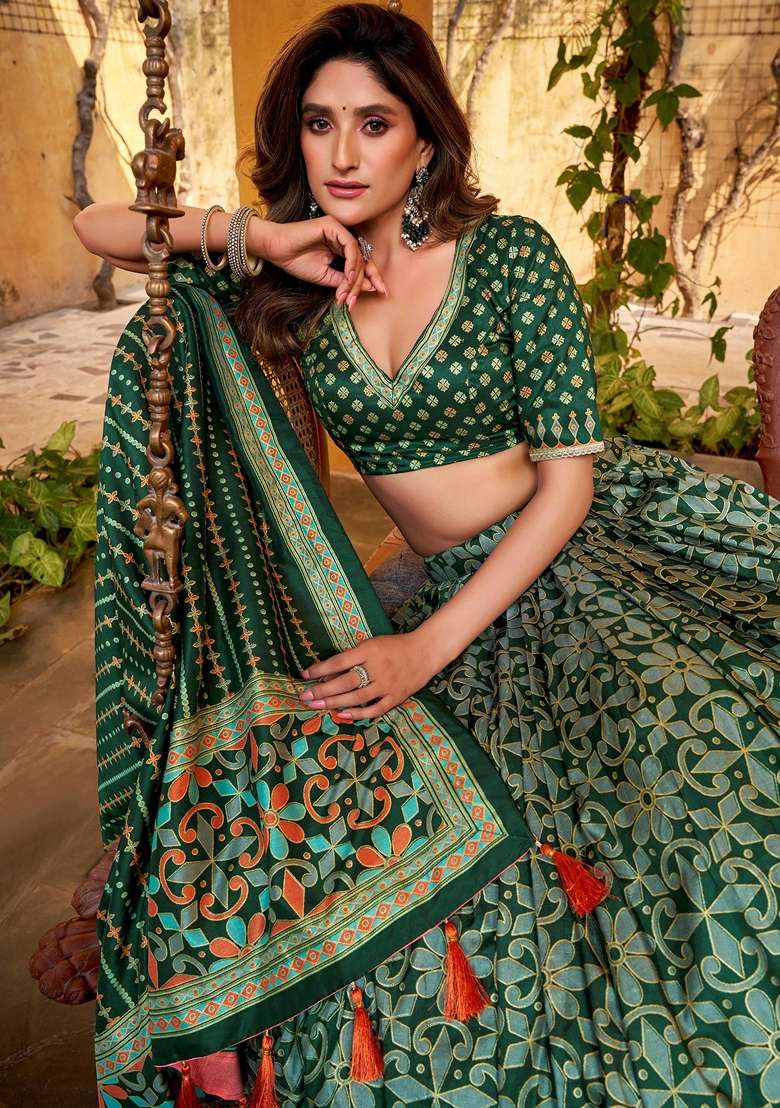Green Silk Blend Lehenga Set with Printed for Diwali | Wedding & Festive Wear - Indya