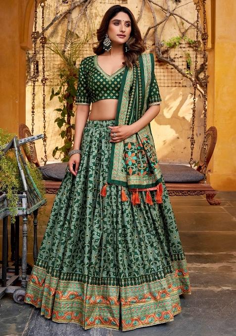 Green Printed Silk Lehenga Set — view on Indya