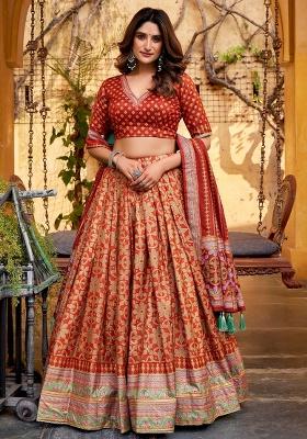 Orange Printed Silk Lehenga Set