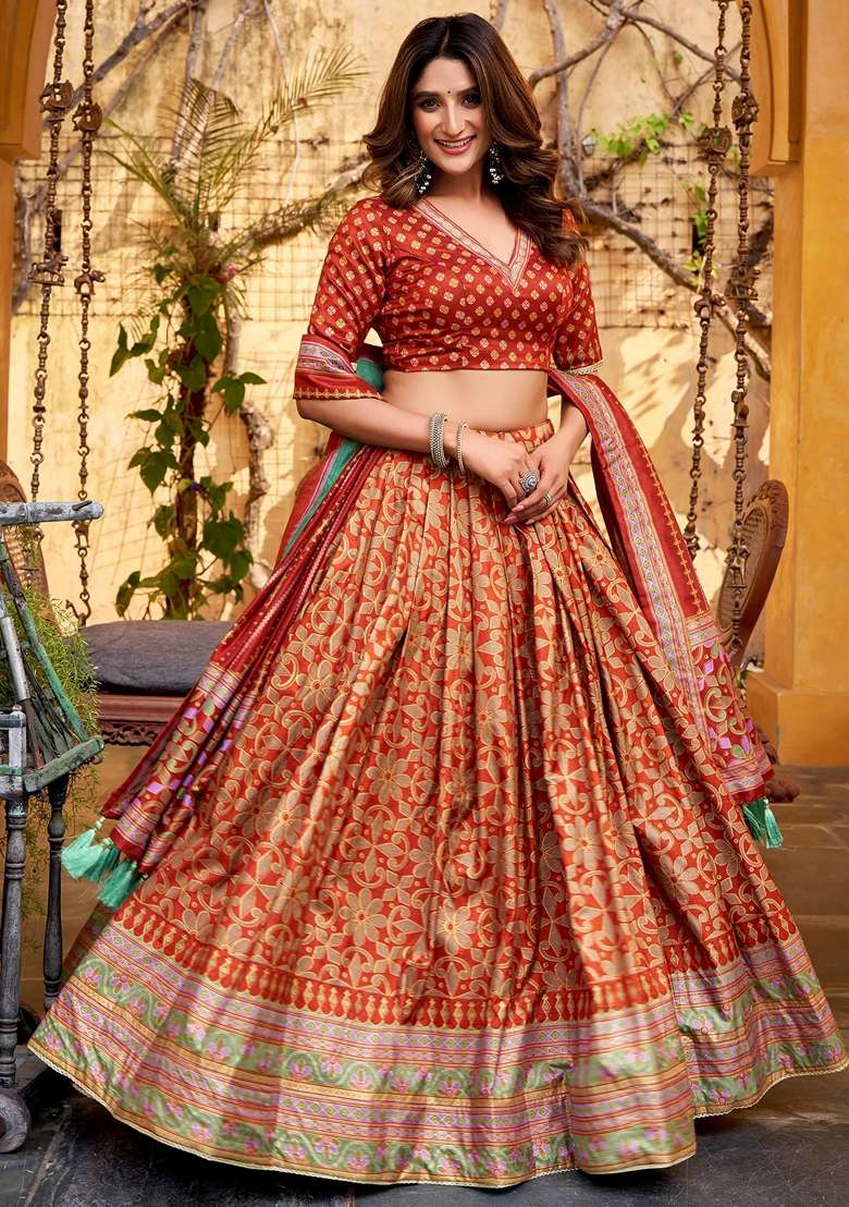 Orange Printed Silk Blend Lehenga Set for Diwali and Festive Wear - Indya