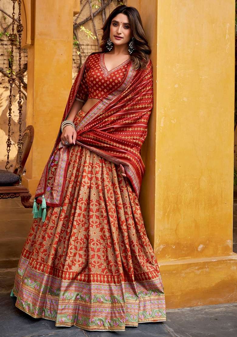 Orange Printed Silk Blend Lehenga Set for Diwali and Festive Wear - Indya