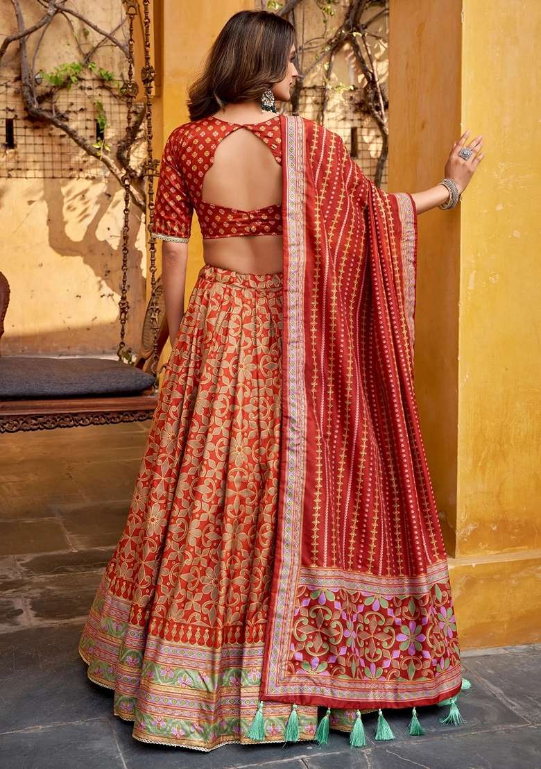 Orange Printed Silk Blend Lehenga Set for Diwali and Festive Wear - Indya