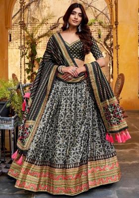 Black Printed Silk Lehenga Set