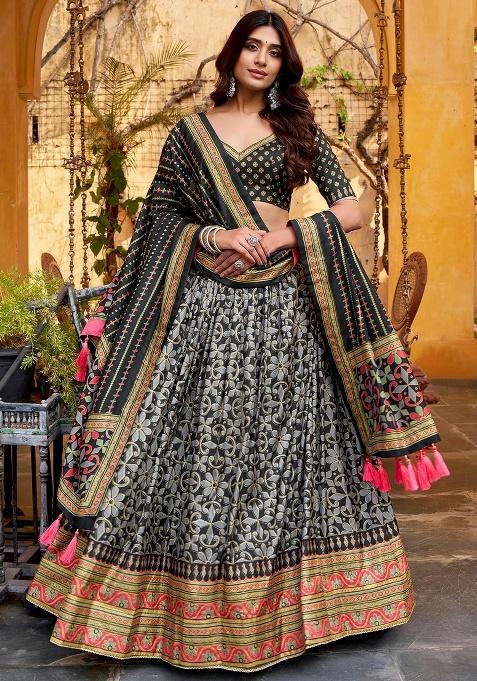Black Printed Silk Lehenga Set — view on Indya