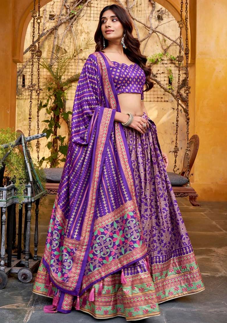 Purple Silk Blend Lehenga Set with Printed for Diwali | Wedding & Festive Wear - Indya