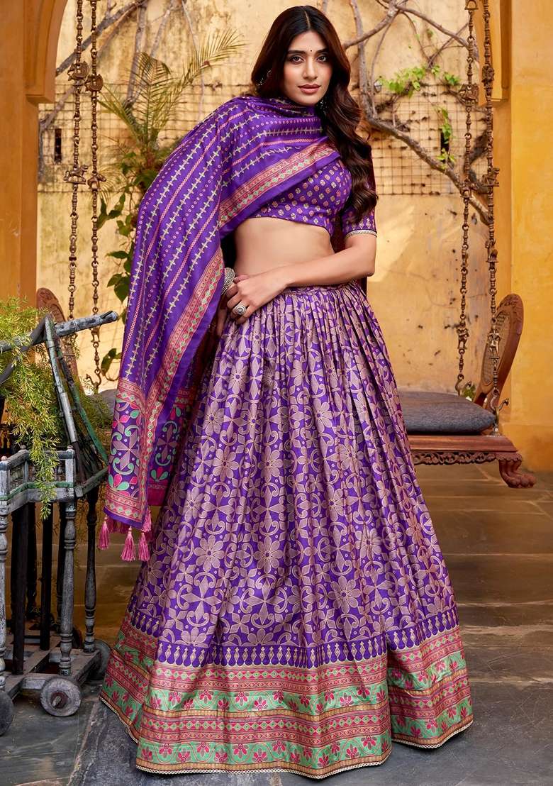 Purple Silk Blend Lehenga Set with Printed for Diwali | Wedding & Festive Wear - Indya