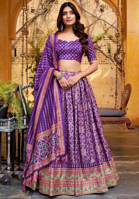 Purple Printed Silk Lehenga Set — view on Indya