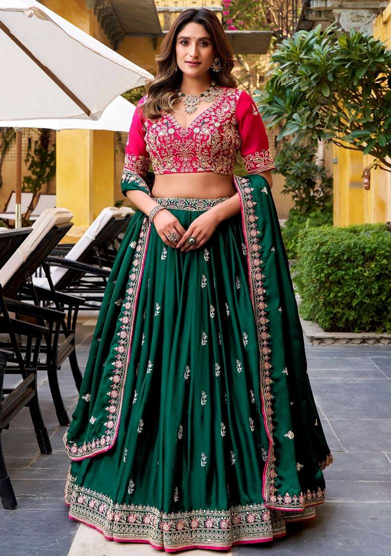 Green Silk Blend Lehenga Set with Embroidery for Diwali | Wedding & Festive Wear - Indya