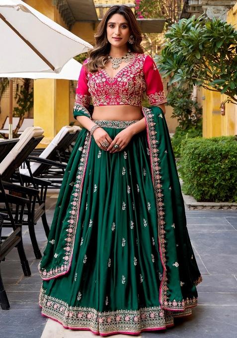 Green Embroidery Silk Lehenga Set — view on Indya