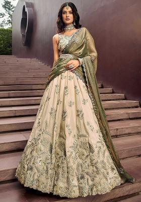 Beige Embroidery Silk Lehenga Set