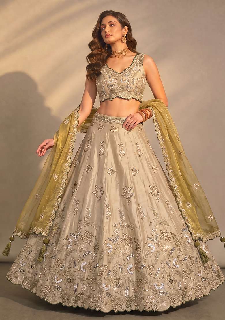 Beige Embroidery Silk Blend Lehenga Set for Diwali and Festive Wear - Indya