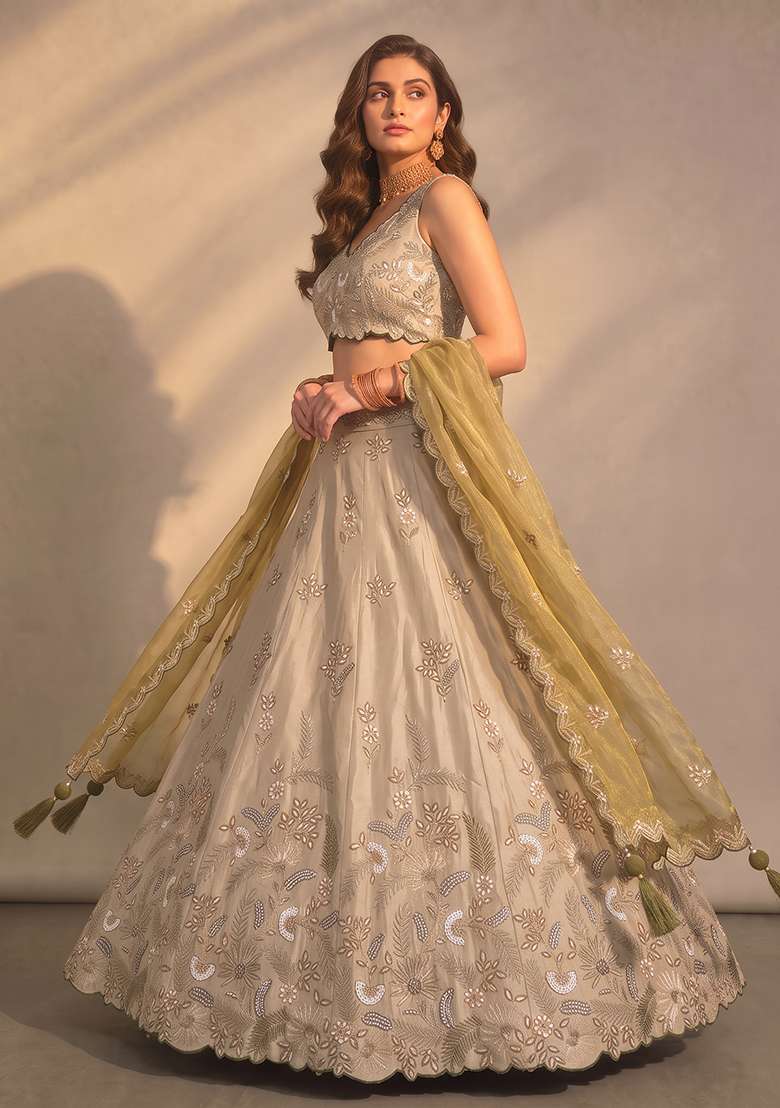 Beige Embroidery Silk Blend Lehenga Set for Diwali and Festive Wear - Indya