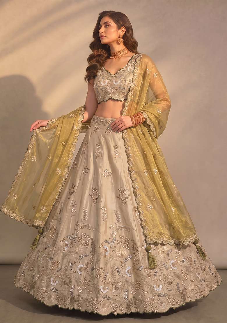Beige Embroidery Silk Blend Lehenga Set for Diwali and Festive Wear - Indya