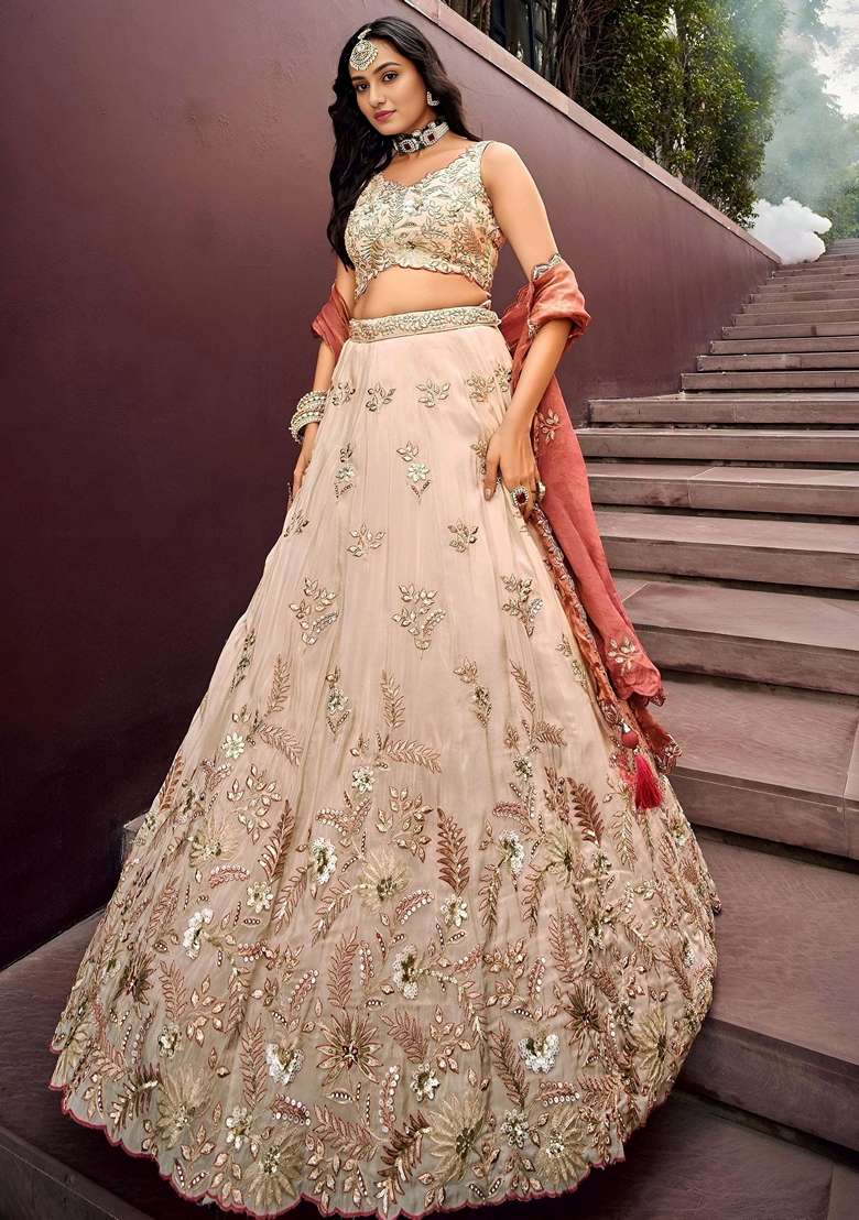 Beige Embroidery Silk Blend Lehenga Set for Diwali and Festive Wear - Indya
