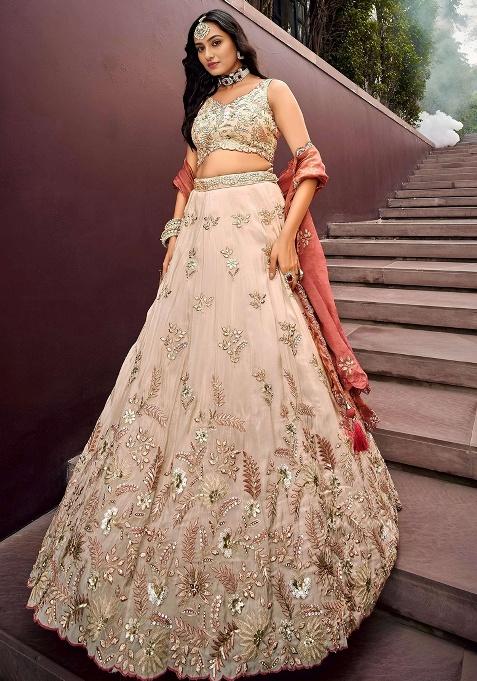 Beige Embroidery Silk Lehenga Set — view on Indya