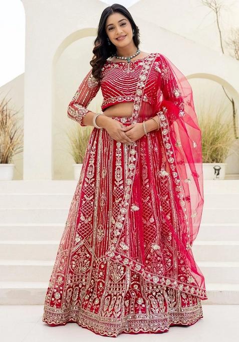 Red Sequins Net Lehenga Set — view on Indya